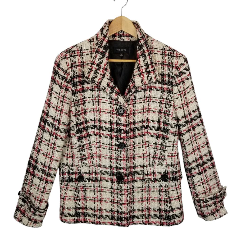 Talbots Women's Off White Black Red Tweed Blazer Jacket Size 14